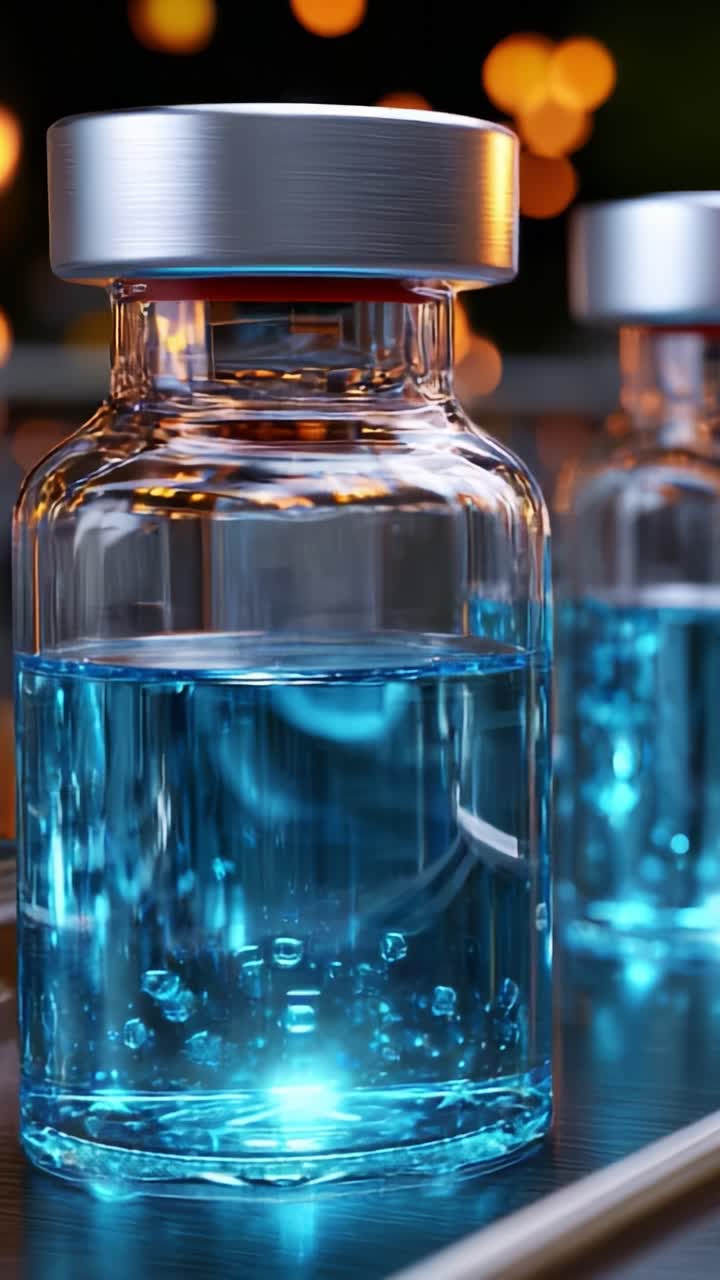 A Beautifully Captured Close-up of Clear Bottles Filled with Blue Liquid, Sparkling Bubbles, and a Soft Glowing Light, Set Against a Beautiful Ambience