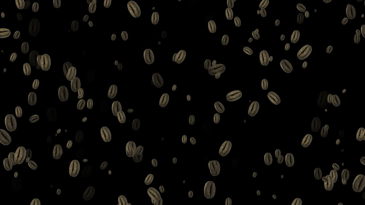 Animazione astratta in loop 4K di chicchi di caffè volanti, sfondo nero.