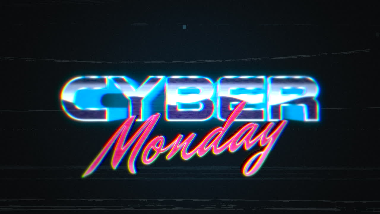Cyber Monday with glitch effect in 80s style