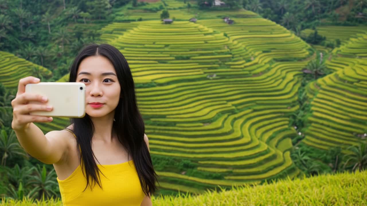 Capturing Nature's Beauty: A Young Woman Takes a Selfie Amidst Lush Terraced Rice Fields Wrapped in Vibrant Greenery