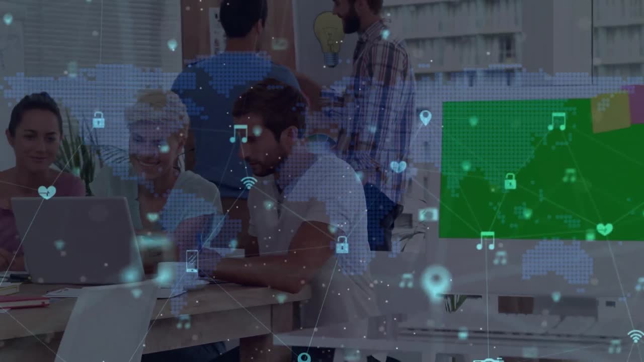 Animation of media icons over diverse business people talking