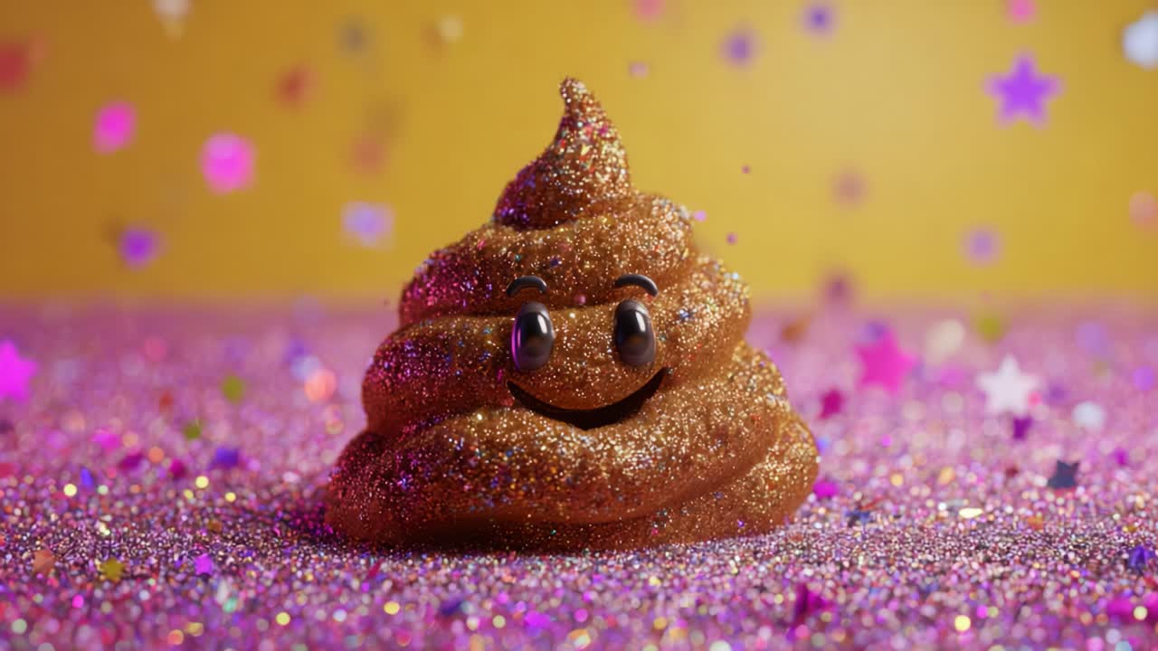 Un mucchio di glitter sorridente e scintillante a forma di cacca emana gioia su uno sfondo colorato, catturando gli spettatori con il suo fascino stravagante e il design giocoso