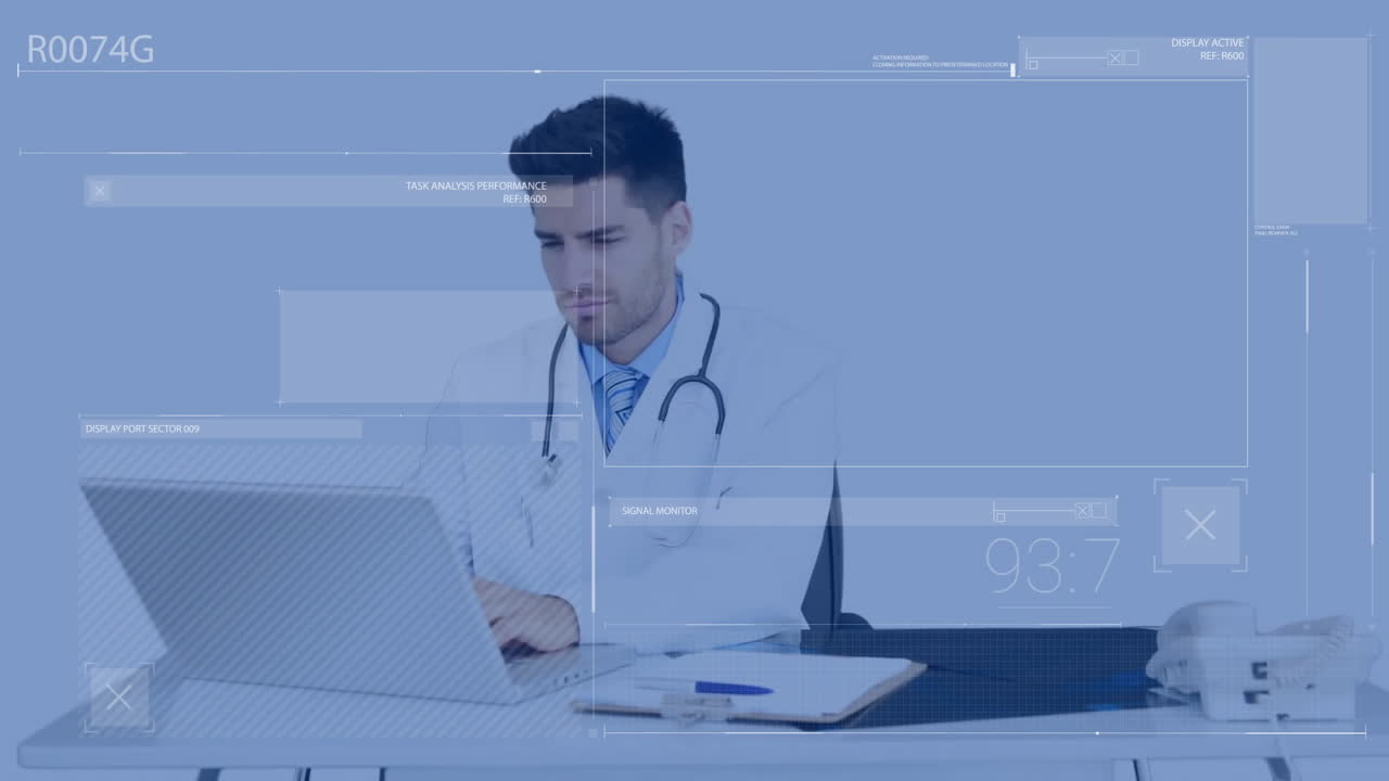 Doctor typing at laptop while displaying digital medical interface graphics and real data readouts
