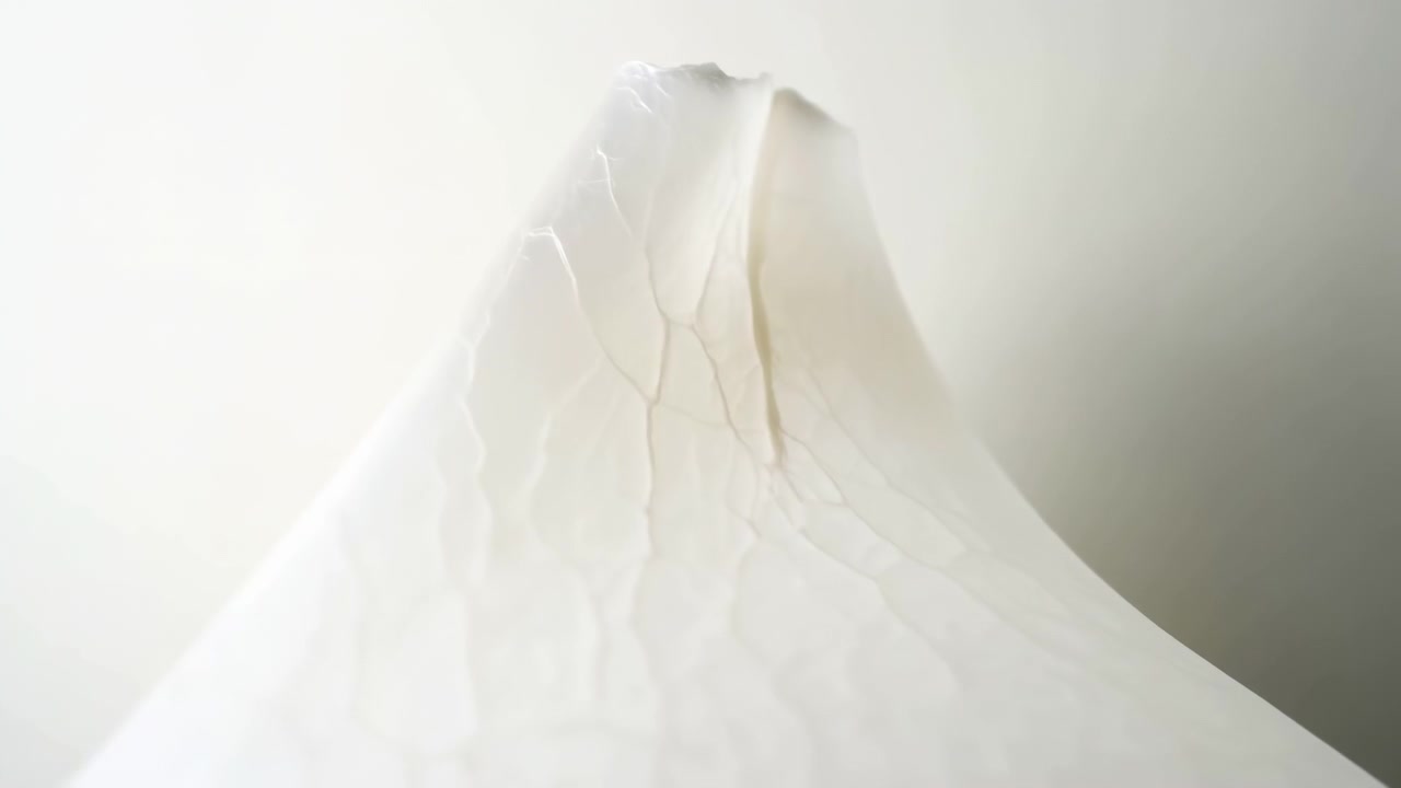 Hidden figure under thin translucent white fabric shows sculptural transformation from smooth drape into peaked form, with fractured tip, cascading creases, soft shadows, and calm high-key mood