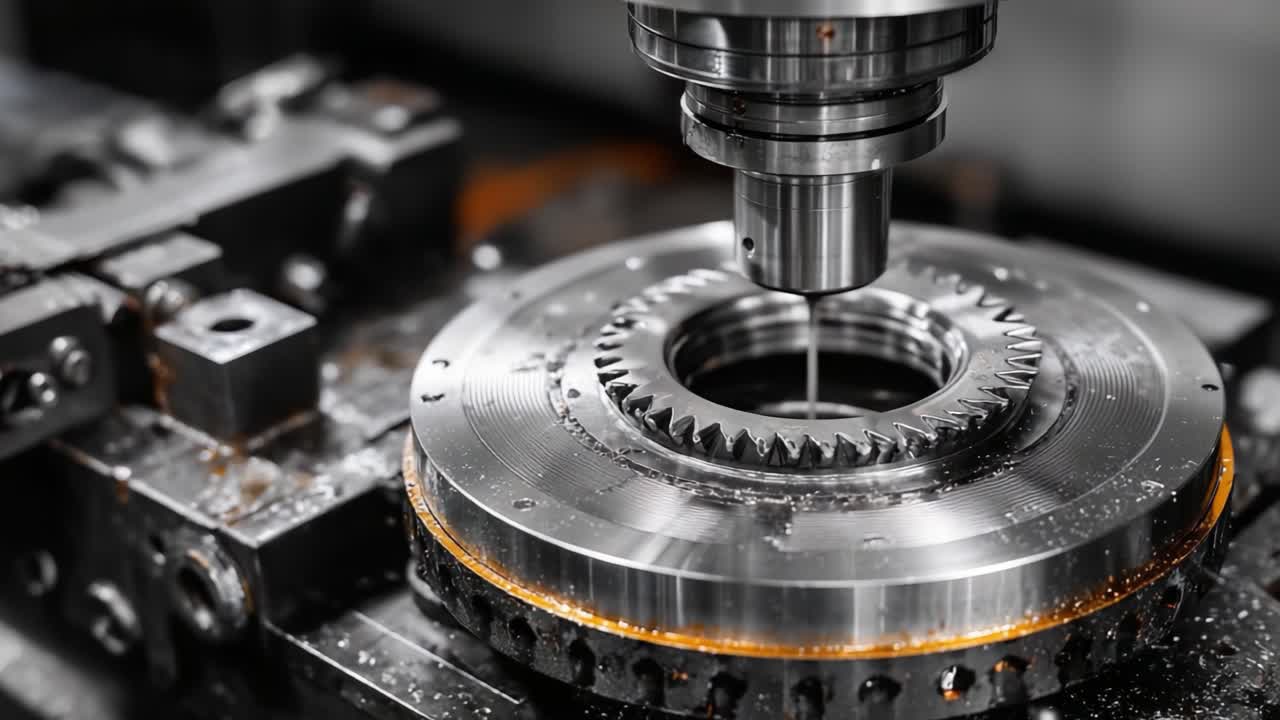 Precision Metalworking: Close-Up of a CNC Machine Cutting a Gear Component, Highlighting Advanced Manufacturing Techniques and Metal Processing Innovations