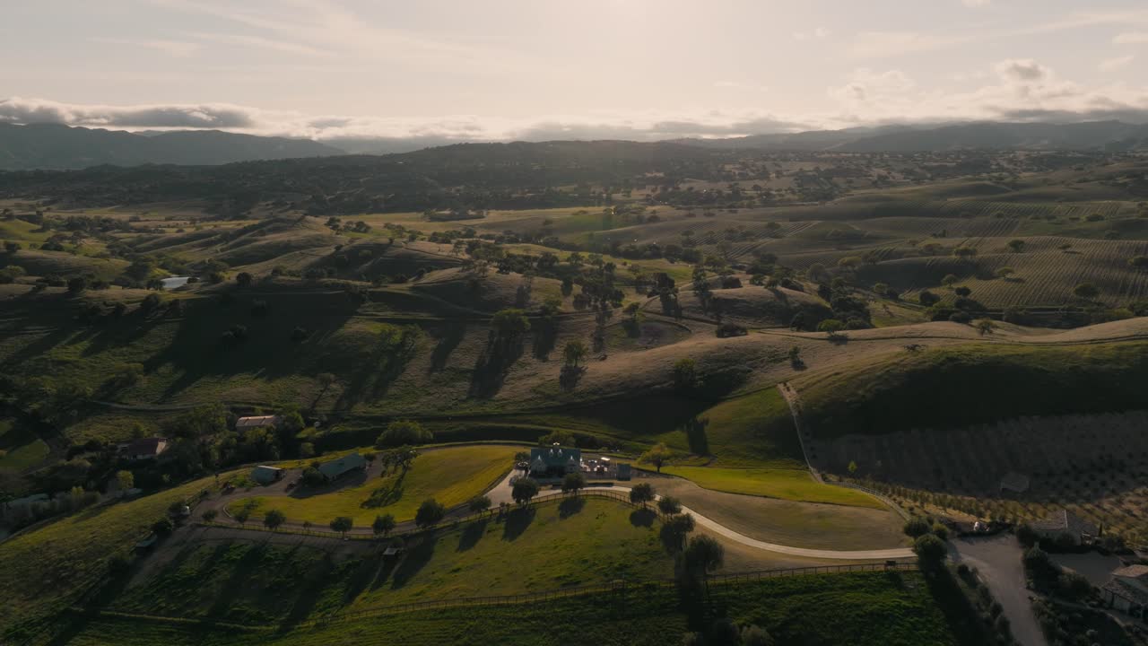 volando sobre colinas y viñedos en santa ynez wine country, california, el atardecer en el horizonte con fincas de lujo enclavadas en tierras de cultivo.