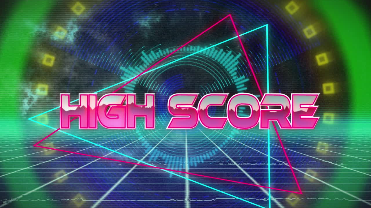 Animation af teksten 'high score' i digitalt abstrakt rum
