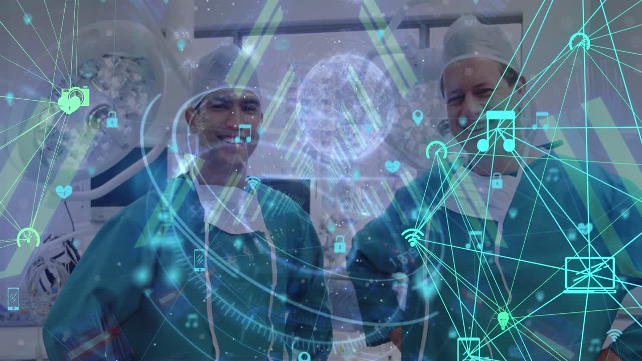 animación de una red de conexiones con iconos sobre diversos cirujanos varones sonrientes