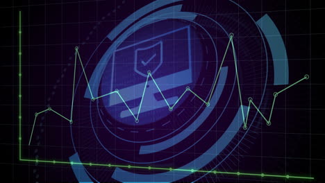 digital security graph with fluctuating data lines over shield icon animation