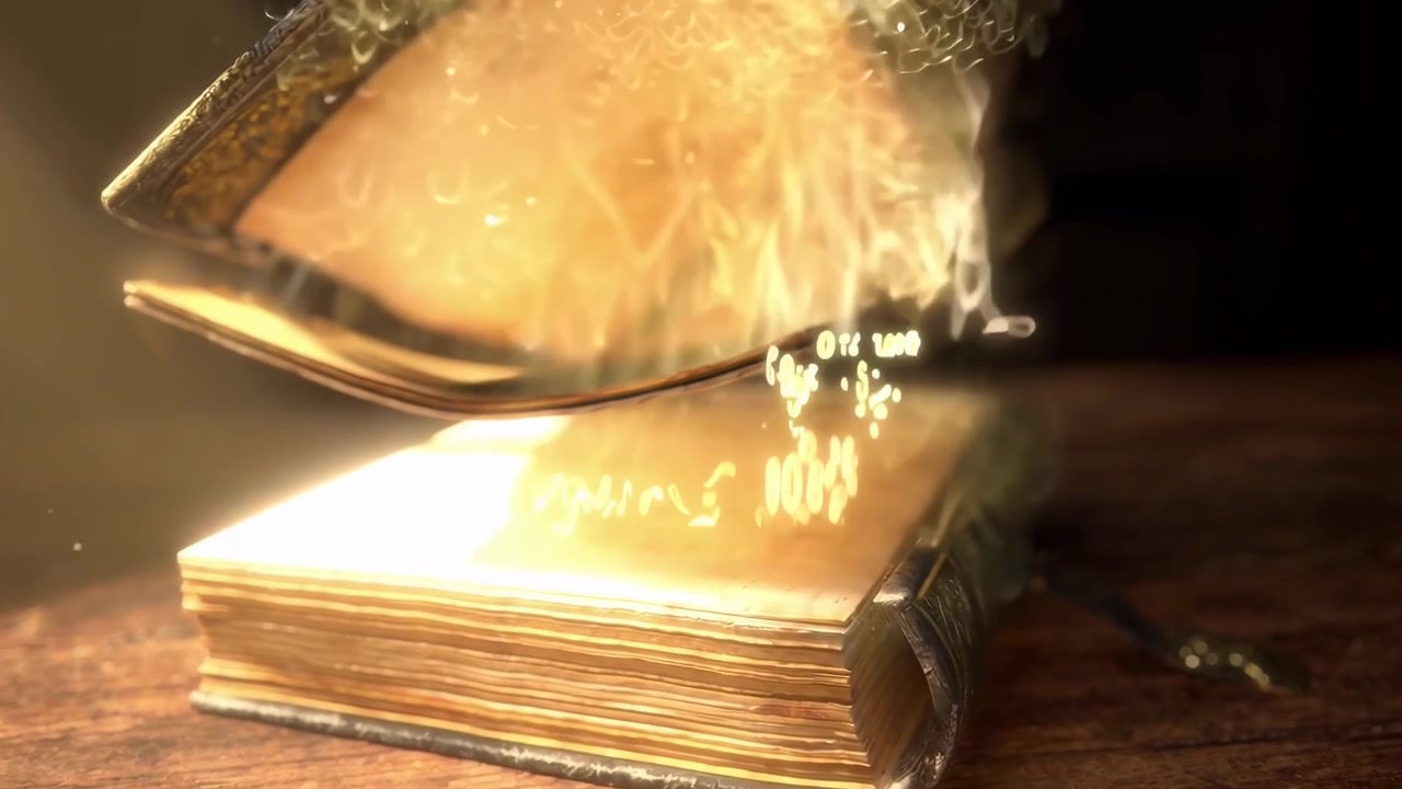 Libro antico magico che si apre con luce brillante e simboli fluttuanti
