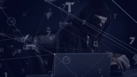 animación de la red de conexiones con números y hacker con computadora portátil