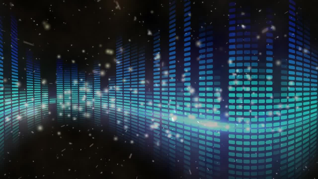 Animation of confetti over sound equalizer on dark blue background