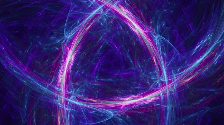Linhas celtas entrelaçadas de linhas caóticas e formas de chama fractais em ciberespaço 3D, girando infinitamente em vídeo de fundo em loop contínuo.