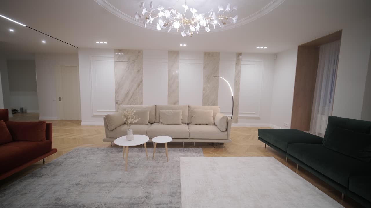 Video of interior room design and decoration modern minimal style living and dining area studio apartment.