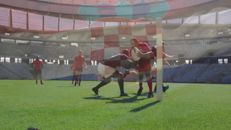 rugby players on field with croatian flag animation overlay in stadium