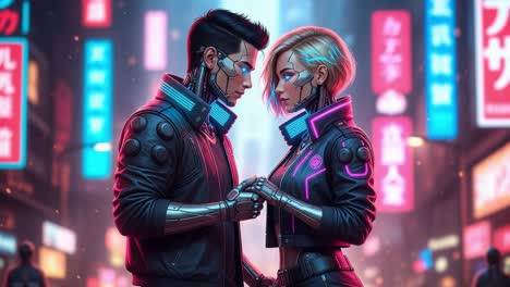 a passionate connection unfolds between two futuristic cyborgs in a neon-lit urban landscape, where technology meets romance against a backdrop of vibrant city lights.
