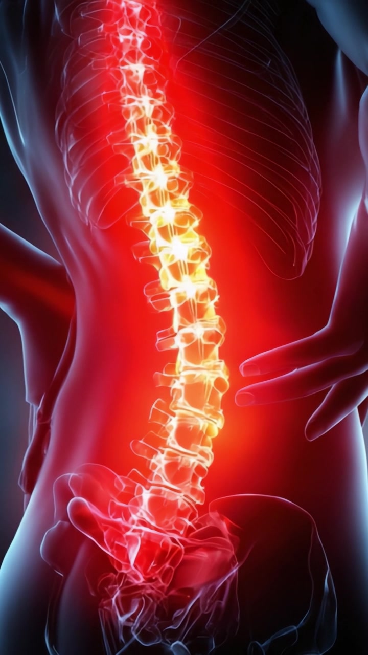 Visuelt imponerende fremstilling af den menneskelige rygsøjle, der fremhæver smerter og symptomer forbundet med rygproblemer i en anatomisk kontekst.