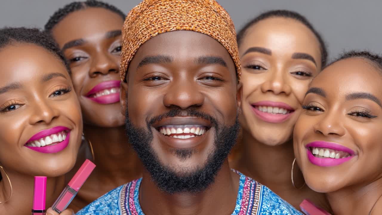 Celebrating Joy and Beauty: A Lively Group of Smiling Friends Showcasing Vibrant Lip Colors and Positivity in a Fun, Playful Atmosphere