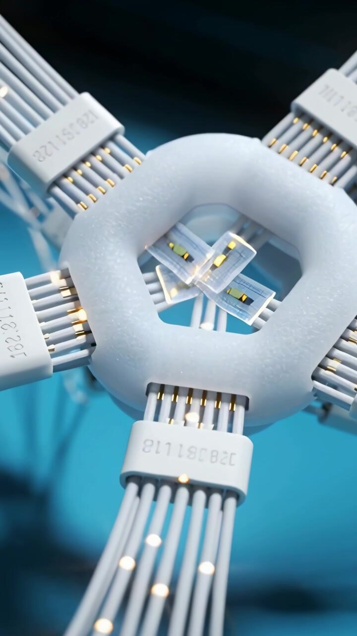 Vertical video: Inserting clear plug into white hex ring hub in lab, LEDs pulsing over gold pins