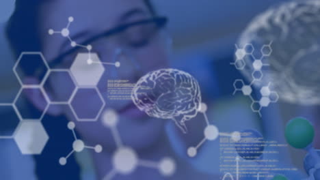 animação de processamento de dados científicos e cérebros humanos sobre cientista caucasiana