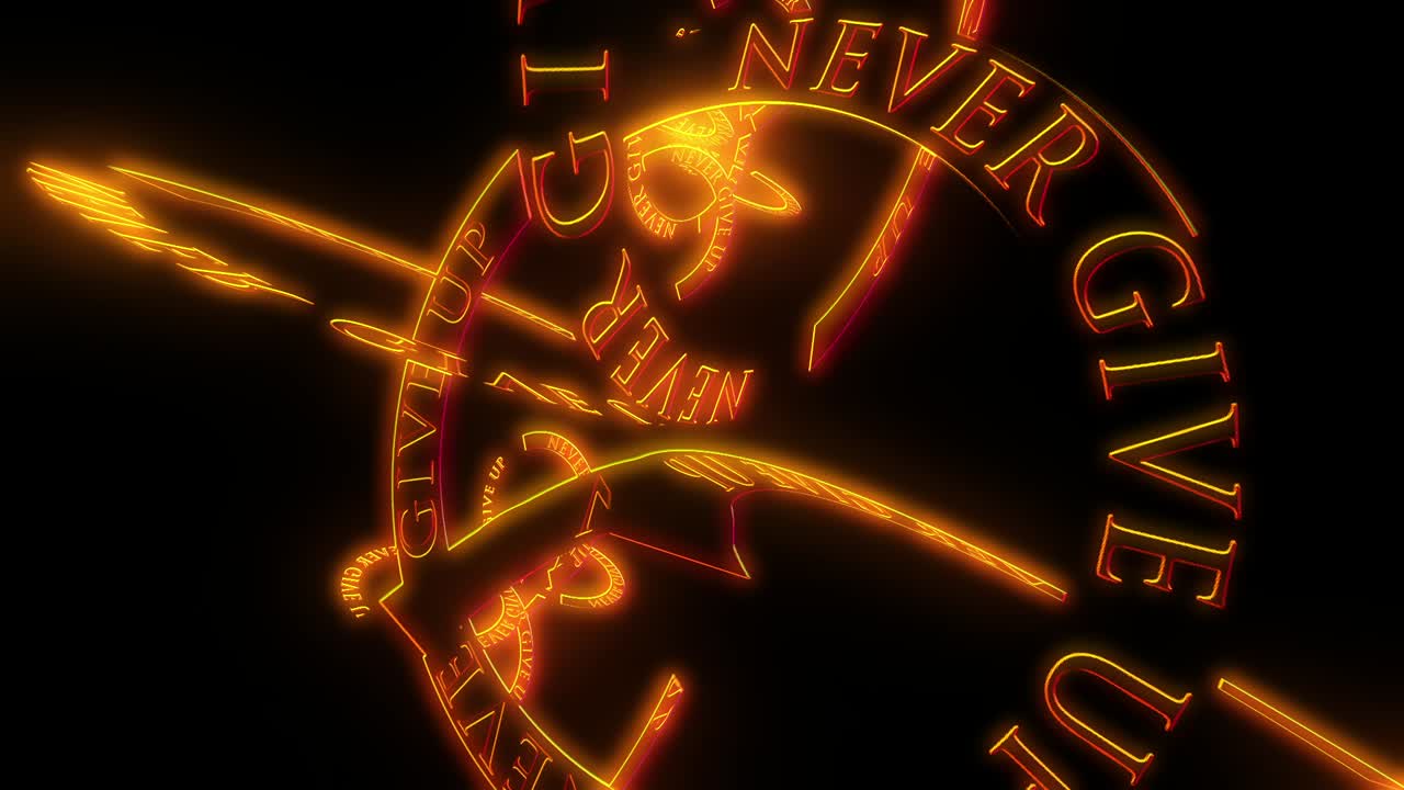 금색 회전 3차원 링 체인으로 동기 부여 텍스트 애니메이션을 절대 포기하지 마십시오.