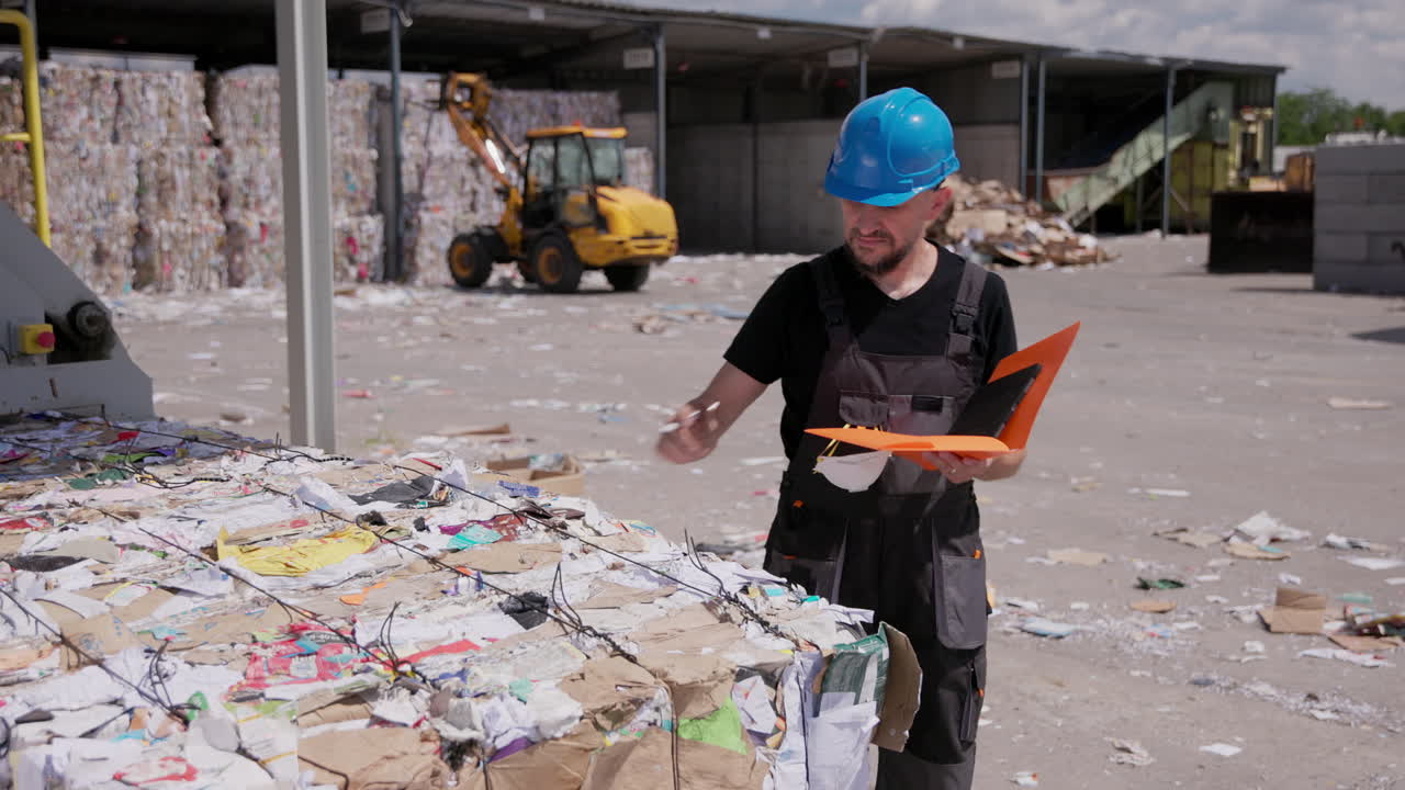 el gerente comprueba la calidad de la bala de papel prensado que sale de la máquina.