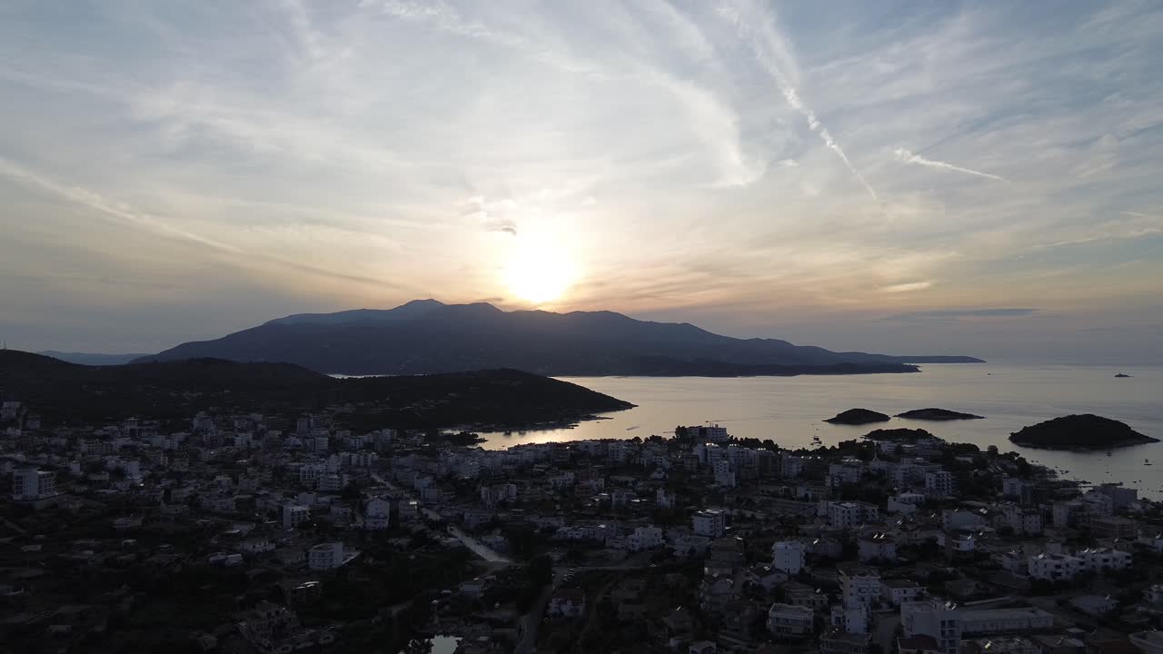 Ksamil holiday resort islands Albania, aerial view at sunset sunrise landscape