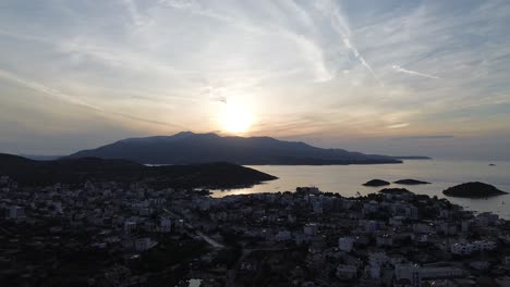 ksamil holiday resort islands albania, aerial view at sunset sunrise landscape