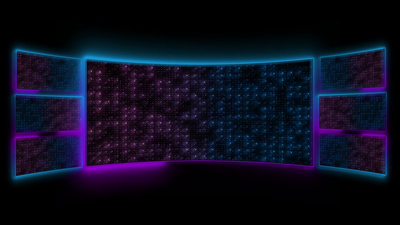 Futuristic neon panel studio background glowing curved screens magenta lighting starry digital data