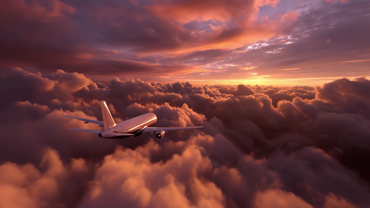 Un sereno viaggio al tramonto: un aereo che scivola tra le nuvole contro uno skyline vibrante illuminato dalle calde tonalità del crepuscolo e dell'alba.