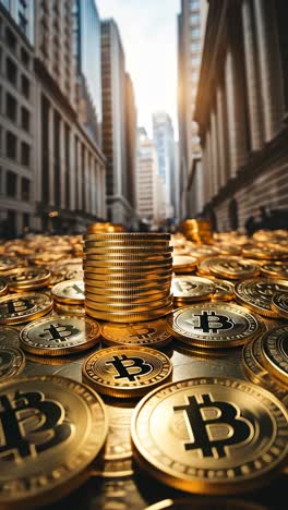 golden bitcoin coins stacked in city streets surrounded by skyscrapers