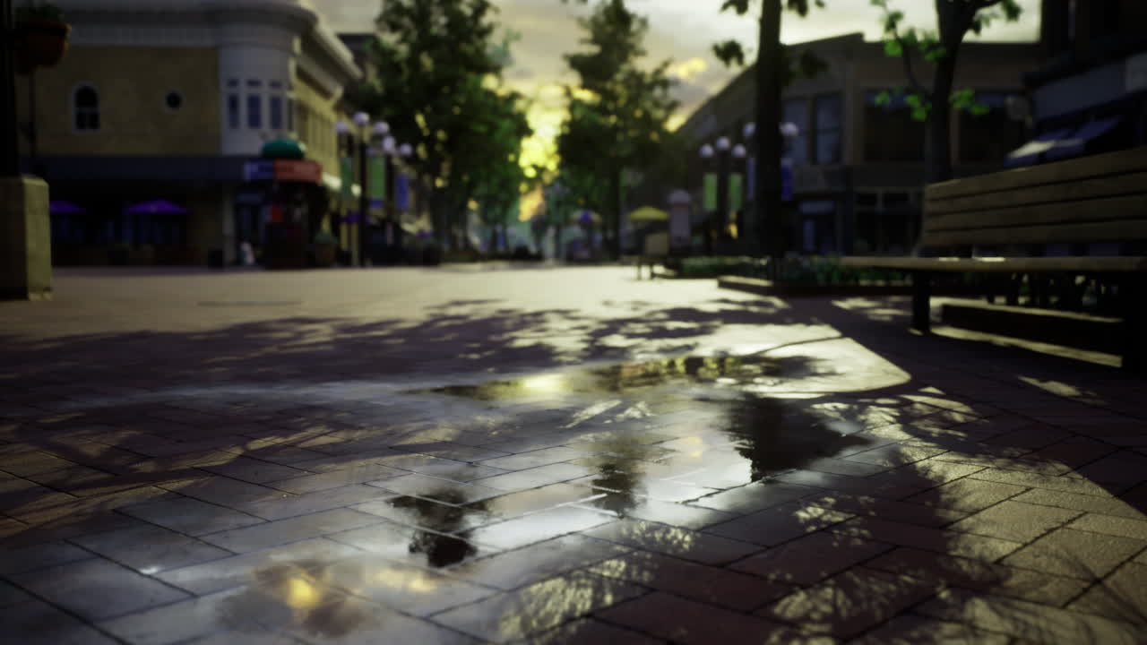 Reflections of a tranquil evening in a vibrant urban plaza after rain