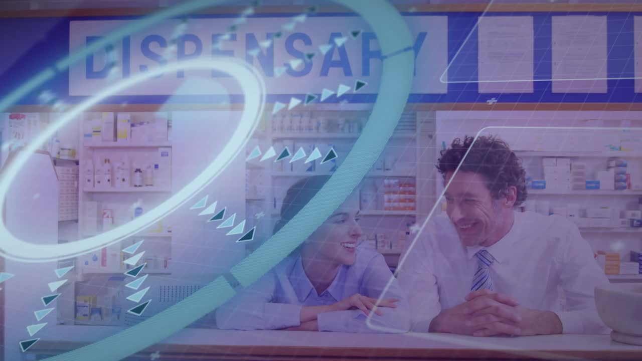 Two pharmacy staff leaning at counter, blue swirl sweeping overlay causing smiles revealing shelves