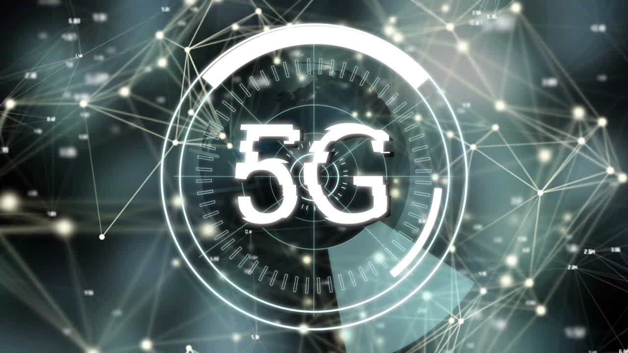 testo 5g su scanner rotondi contro una rete di connessioni e un globo rotante su sfondo nero