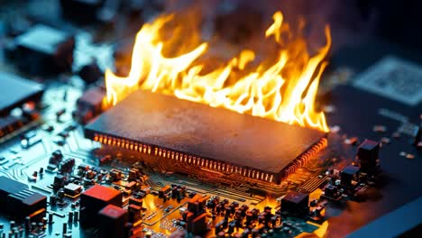 A computer motherboard on fire with a circuit board in the background