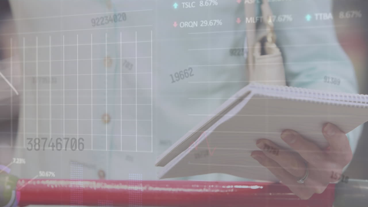 animación de números cambiantes y registro de estadísticas sobre mujer con lista de compras