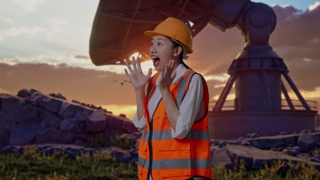 side view of asian female engineer with safety helmet smiling to camera and saying wow while standing with large satellite dish