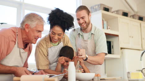family, grandparent and child with parents baking
