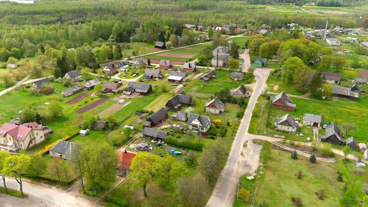 Aerial View of Homes in Village, Countryside of Lithuania