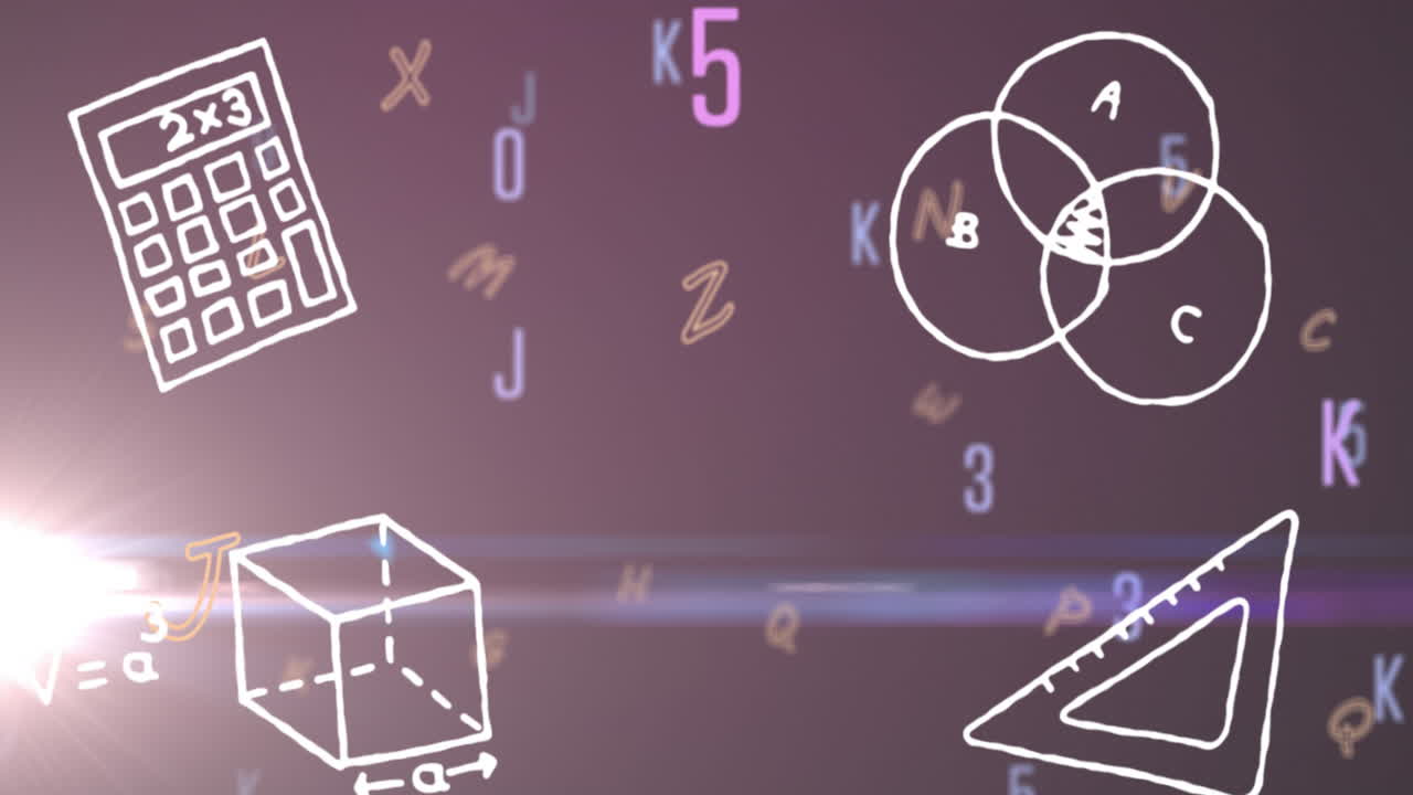 Animated geometric shapes and letters on a purple educational backdrop.