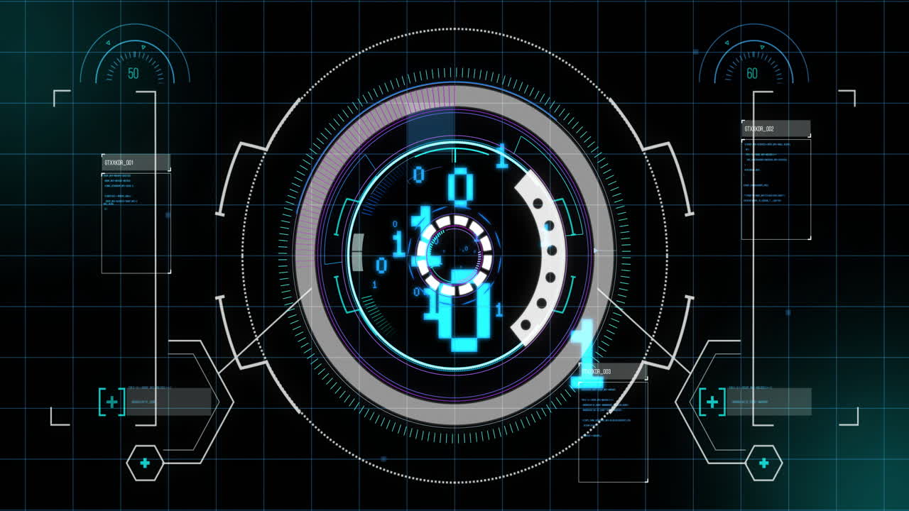 Rotating HUD interface featuring concentric rings streaming binary panels over grid in flat design