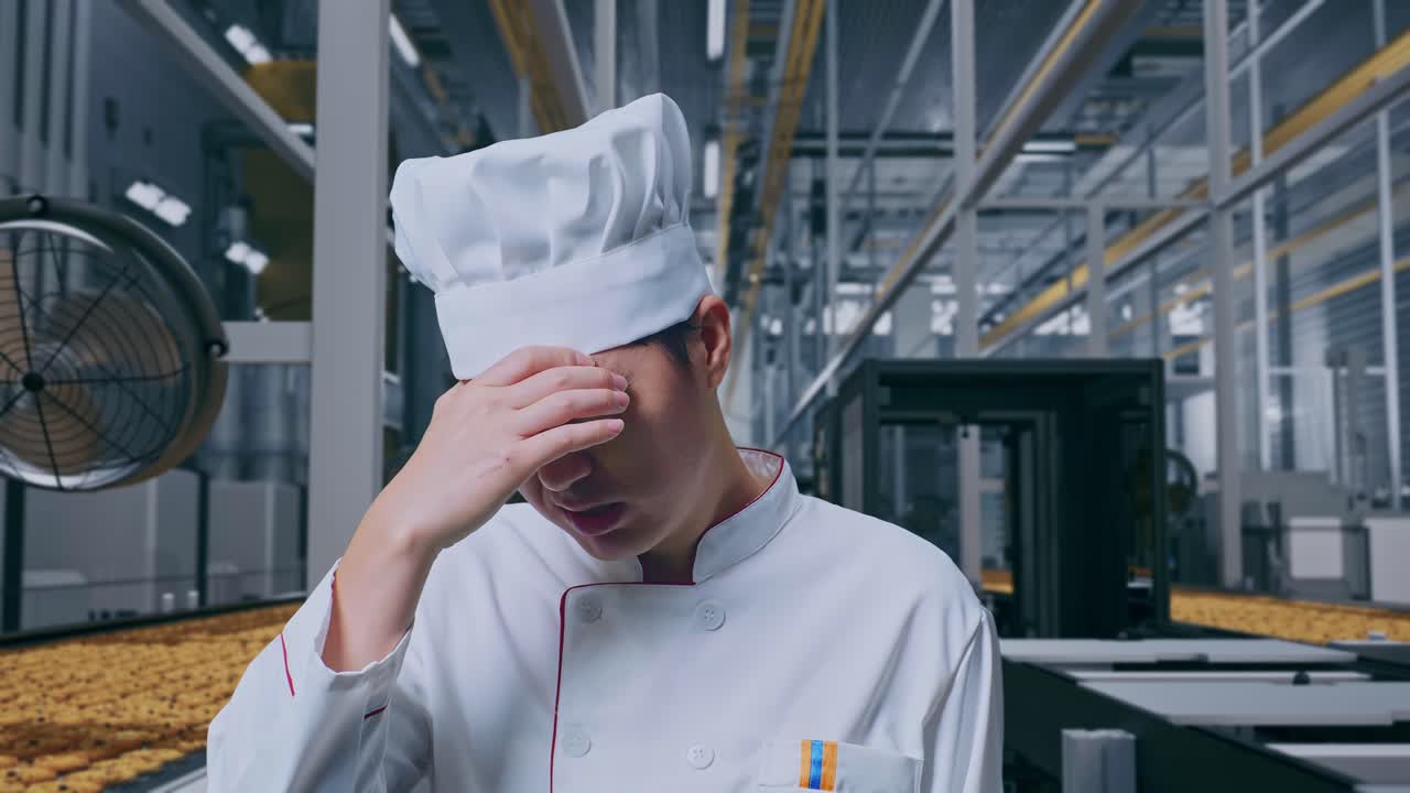 Primo piano di uno chef asiatico con il mal di testa mentre è in piedi, linea di produzione automatizzata di biscotti in una fabbrica moderna.