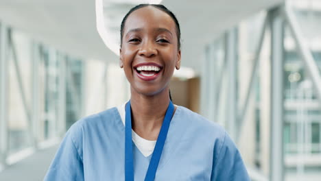 hospital, nurse and face of happy black woman