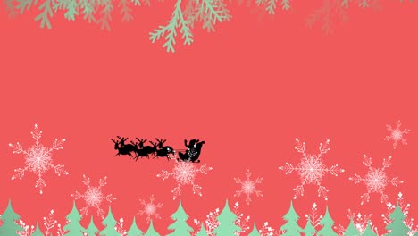 Animation-of-santa-claus-in-sleigh-with-reindeer-over-snow-falling-on-red-background