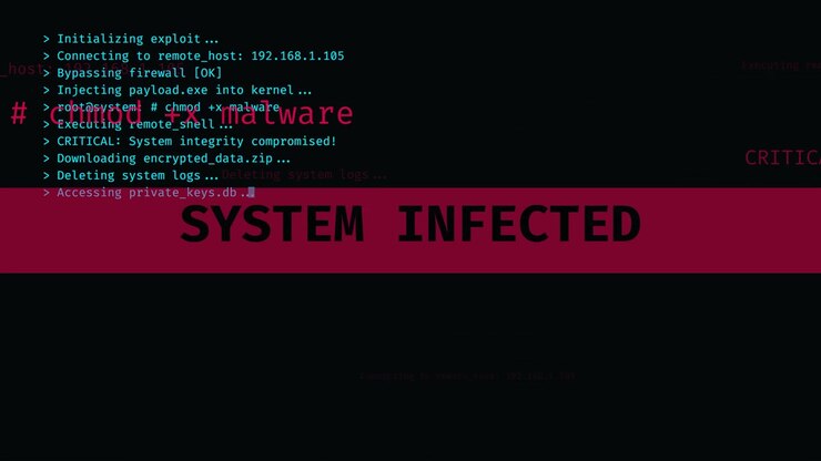 Concetto di sicurezza informatica che mostra la compromissione del sistema e l'iniezione di malware