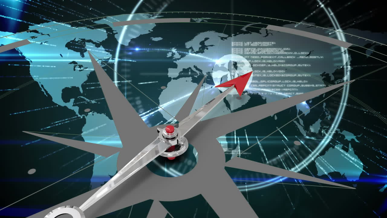 세계 지도 를 가리키는 나침반