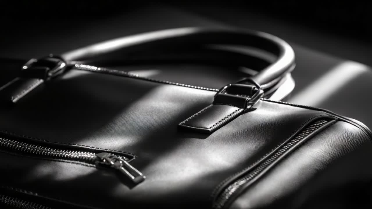 Bolsa de couro preta elegante com zíperes e alças detalhados exibida em iluminação dramática, destacando a qualidade do trabalho artesanal e o design elegante do acessório