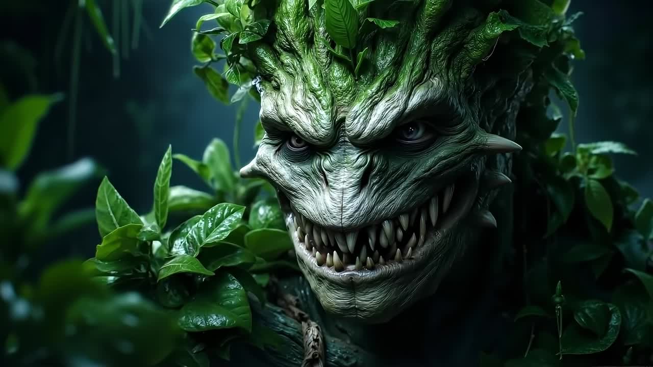 A close up of a green monster with leaves on his head