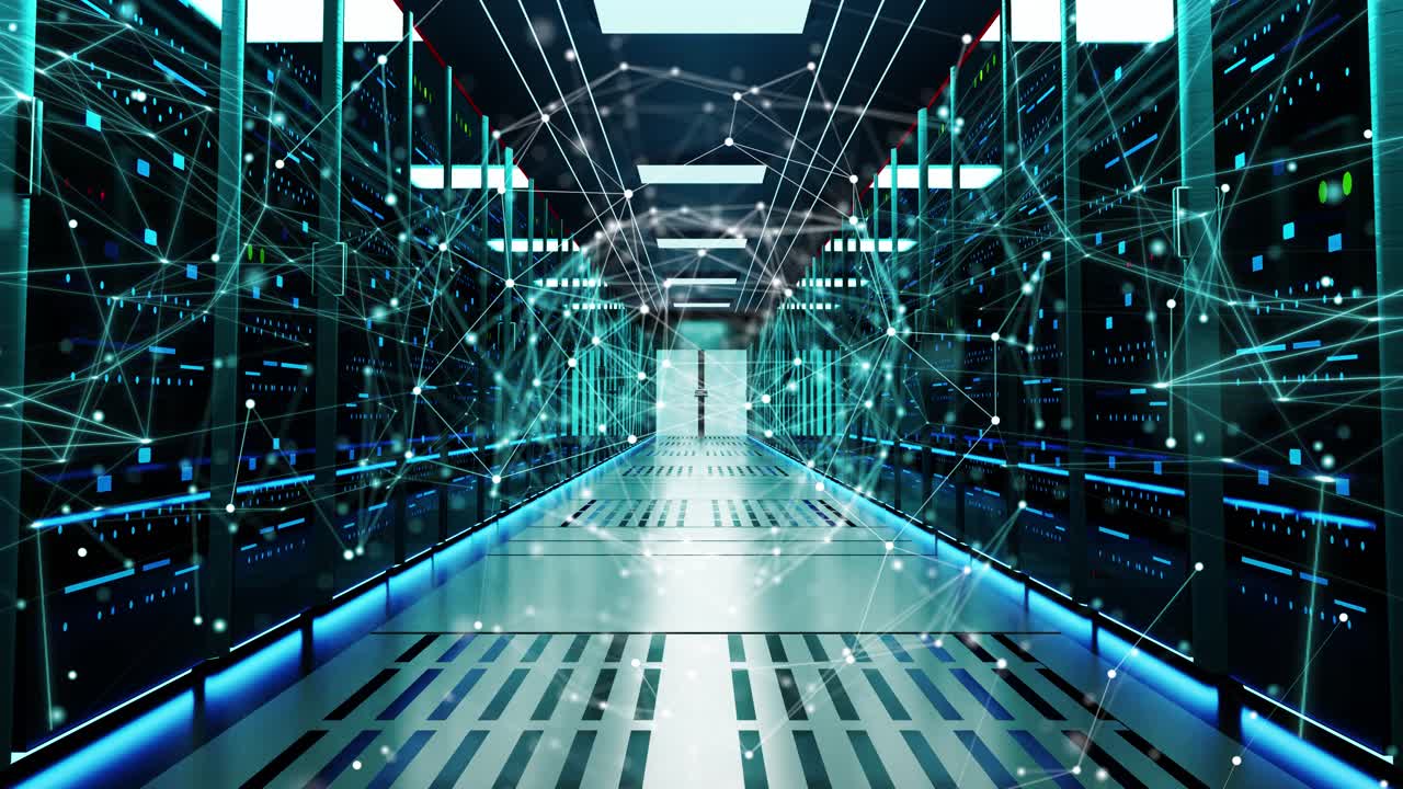 4k walk through data center server connections loop background animation cloud storage multimedia