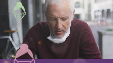 animation of covid 19 icons over senior man wearing face mask